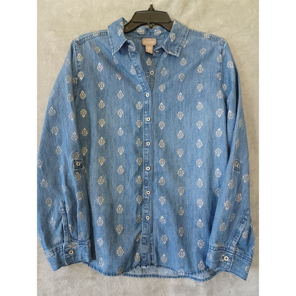 Chicos Denim Shirt 2 / LG Western Boho Cottage Blue Silver Long Sleeve Button Up